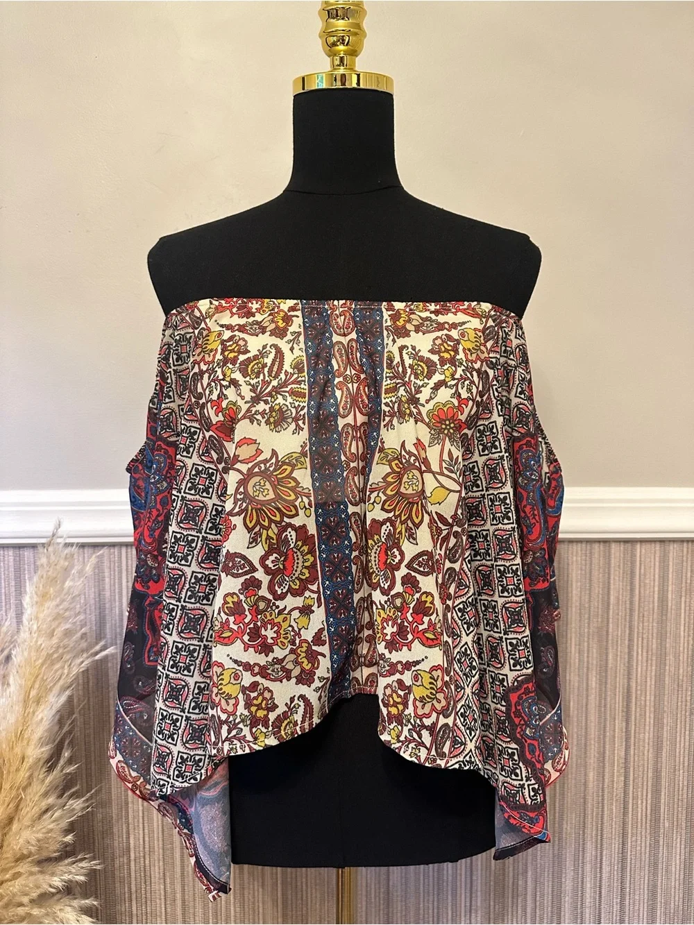 Flying Tomato Boho Paisley Off Shoulder Bell Sleeve Top SMALL